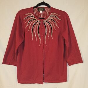 Bob Mackie‎ Wearable Art Red and Gold Sweater 3/4 Sleeve Sz Lg